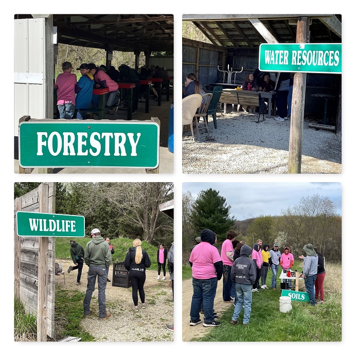 Depicts four categories: forestry, water resources, wildlife, and soils.